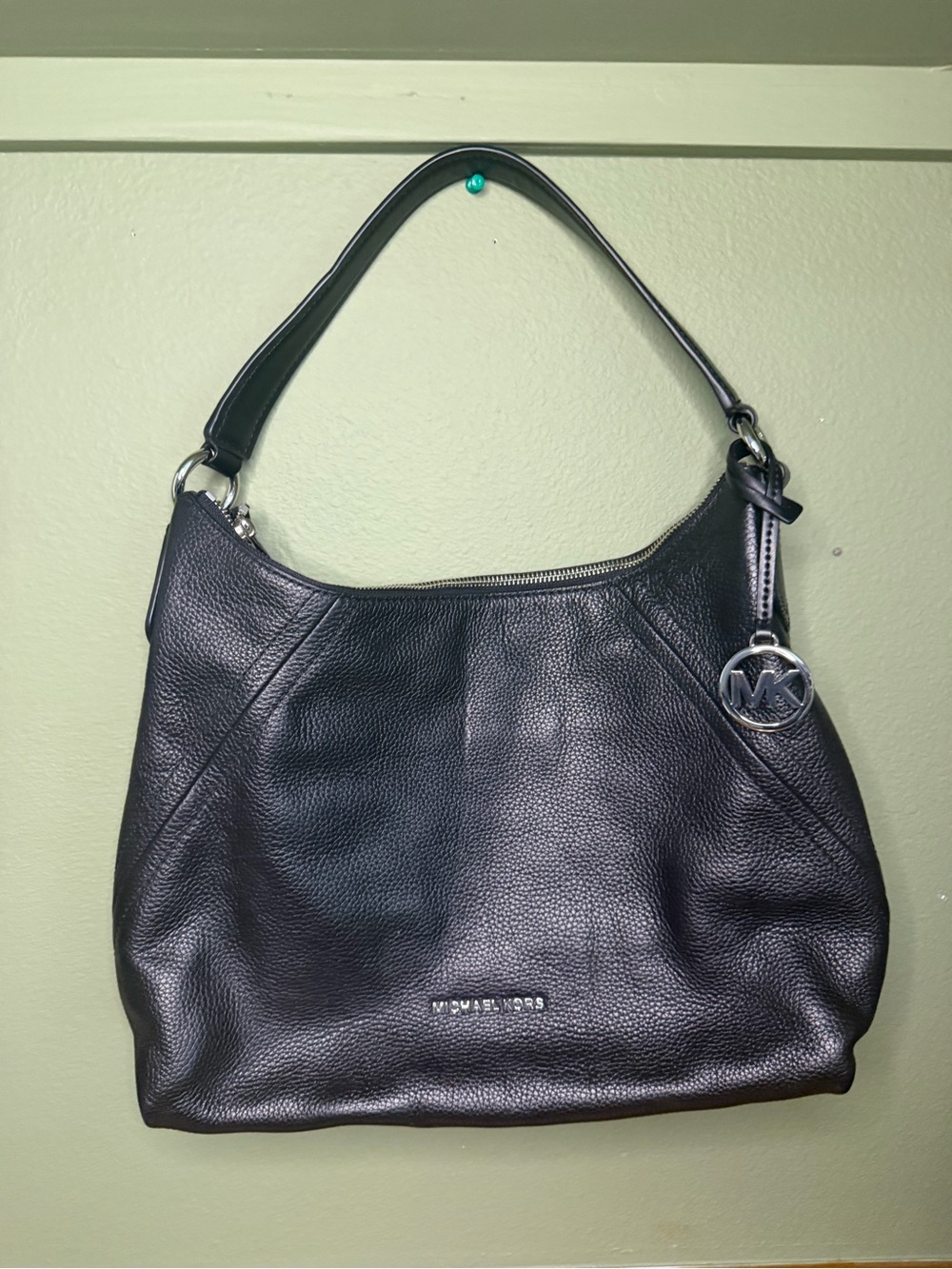 Michael Kors Black Pebbled Leather Shoulder Hobo with MK Charm